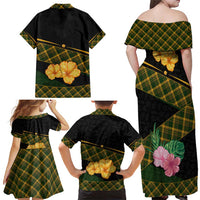 Martinique Heritage Family Matching Off Shoulder Maxi Dress and Hawaiian Shirt Hibiscus Floral Design with Green and Yellow Madras Tartan