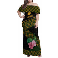 Martinique Heritage Family Matching Off Shoulder Maxi Dress and Hawaiian Shirt Hibiscus Floral Design with Green and Yellow Madras Tartan