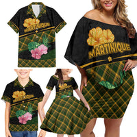 Martinique Heritage Family Matching Off Shoulder Short Dress and Hawaiian Shirt Hibiscus Floral Design with Green and Yellow Madras Tartan