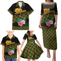Martinique Heritage Family Matching Puletasi and Hawaiian Shirt Hibiscus Floral Design with Green and Yellow Madras Tartan