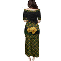 Martinique Heritage Family Matching Puletasi and Hawaiian Shirt Hibiscus Floral Design with Green and Yellow Madras Tartan