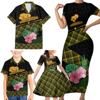 Martinique Heritage Family Matching Short Sleeve Bodycon Dress and Hawaiian Shirt Hibiscus Floral Design with Green and Yellow Madras Tartan