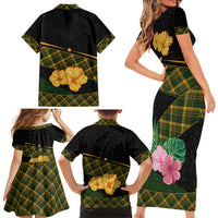 Martinique Heritage Family Matching Short Sleeve Bodycon Dress and Hawaiian Shirt Hibiscus Floral Design with Green and Yellow Madras Tartan