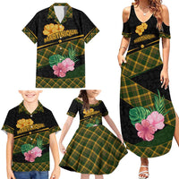Martinique Heritage Family Matching Summer Maxi Dress and Hawaiian Shirt Hibiscus Floral Design with Green and Yellow Madras Tartan