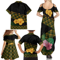 Martinique Heritage Family Matching Summer Maxi Dress and Hawaiian Shirt Hibiscus Floral Design with Green and Yellow Madras Tartan