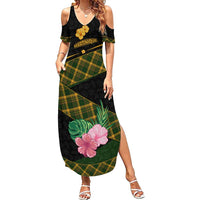 Martinique Heritage Family Matching Summer Maxi Dress and Hawaiian Shirt Hibiscus Floral Design with Green and Yellow Madras Tartan