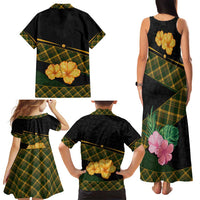 Martinique Heritage Family Matching Tank Maxi Dress and Hawaiian Shirt Hibiscus Floral Design with Green and Yellow Madras Tartan