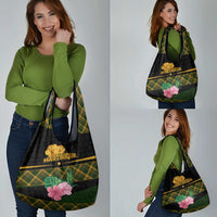 Martinique Heritage Grocery Bag Hibiscus Floral Design with Green and Yellow Madras Tartan