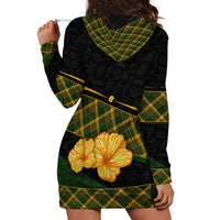 Martinique Heritage Hoodie Dress Hibiscus Floral Design with Green and Yellow Madras Tartan