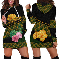 Martinique Heritage Hoodie Dress Hibiscus Floral Design with Green and Yellow Madras Tartan
