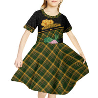 Martinique Heritage Kid Short Sleeve Dress Hibiscus Floral Design with Green and Yellow Madras Tartan