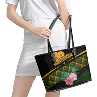 Martinique Heritage Leather Tote Bag Hibiscus Floral Design with Green and Yellow Madras Tartan