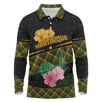 Martinique Heritage Long Sleeve Polo Shirt Hibiscus Floral Design with Green and Yellow Madras Tartan