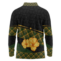 Martinique Heritage Long Sleeve Polo Shirt Hibiscus Floral Design with Green and Yellow Madras Tartan
