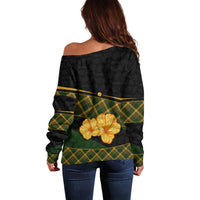 Martinique Heritage Off Shoulder Sweater Hibiscus Floral Design with Green and Yellow Madras Tartan