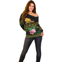 Martinique Heritage Off Shoulder Sweater Hibiscus Floral Design with Green and Yellow Madras Tartan