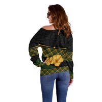 Martinique Heritage Off Shoulder Sweater Hibiscus Floral Design with Green and Yellow Madras Tartan