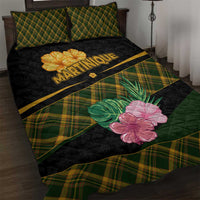Martinique Heritage Quilt Bed Set Hibiscus Floral Design with Green and Yellow Madras Tartan
