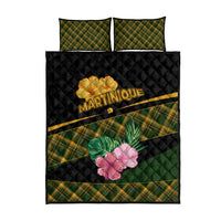 Martinique Heritage Quilt Bed Set Hibiscus Floral Design with Green and Yellow Madras Tartan