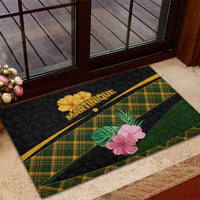 Martinique Heritage Rubber Doormat Hibiscus Floral Design with Green and Yellow Madras Tartan