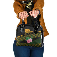 Martinique Heritage Shoulder Handbag Hibiscus Floral Design with Green and Yellow Madras Tartan