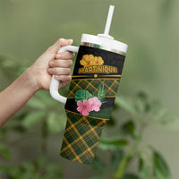 Martinique Heritage Tumbler With Handle Hibiscus Floral Design with Green and Yellow Madras Tartan