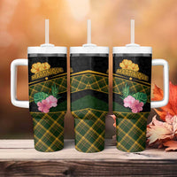 Martinique Heritage Tumbler With Handle Hibiscus Floral Design with Green and Yellow Madras Tartan