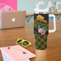 Martinique Heritage Tumbler With Handle Hibiscus Floral Design with Green and Yellow Madras Tartan