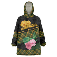 Martinique Heritage Wearable Blanket Hoodie Hibiscus Floral Design with Green and Yellow Madras Tartan