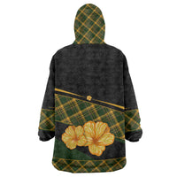 Martinique Heritage Wearable Blanket Hoodie Hibiscus Floral Design with Green and Yellow Madras Tartan