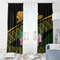 Martinique Heritage Window Curtain Hibiscus Floral Design with Green and Yellow Madras Tartan