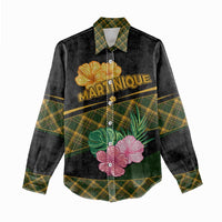 Martinique Heritage Women Casual Shirt Hibiscus Floral Design with Green and Yellow Madras Tartan
