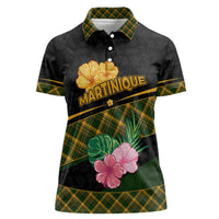 Martinique Heritage Women Polo Shirt Hibiscus Floral Design with Green and Yellow Madras Tartan