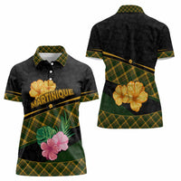 Martinique Heritage Women Polo Shirt Hibiscus Floral Design with Green and Yellow Madras Tartan