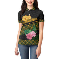 Martinique Heritage Women Polo Shirt Hibiscus Floral Design with Green and Yellow Madras Tartan