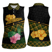 Martinique Heritage Women Sleeveless Polo Shirt Hibiscus Floral Design with Green and Yellow Madras Tartan