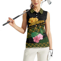 Martinique Heritage Women Sleeveless Polo Shirt Hibiscus Floral Design with Green and Yellow Madras Tartan