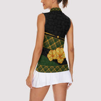 Martinique Heritage Women Sleeveless Polo Shirt Hibiscus Floral Design with Green and Yellow Madras Tartan