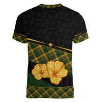 Martinique Heritage Women V-Neck T-Shirt Hibiscus Floral Design with Green and Yellow Madras Tartan