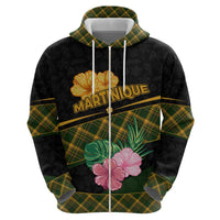 Martinique Heritage Zip Hoodie Hibiscus Floral Design with Green and Yellow Madras Tartan