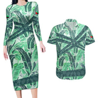 Martinique Pride Couples Matching Long Sleeve Bodycon Dress and Hawaiian Shirt with Green Banana Leaf Print and Flag Patch Accents