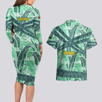 Martinique Pride Couples Matching Long Sleeve Bodycon Dress and Hawaiian Shirt with Green Banana Leaf Print and Flag Patch Accents