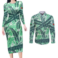 Martinique Pride Couples Matching Long Sleeve Bodycon Dress and Long Sleeve Button Shirt with Green Banana Leaf Print and Flag Patch Accents
