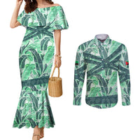 Martinique Pride Couples Matching Mermaid Dress and Long Sleeve Button Shirt with Green Banana Leaf Print and Flag Patch Accents