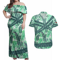 Martinique Pride Couples Matching Off Shoulder Maxi Dress and Hawaiian Shirt with Green Banana Leaf Print and Flag Patch Accents