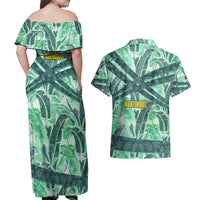 Martinique Pride Couples Matching Off Shoulder Maxi Dress and Hawaiian Shirt with Green Banana Leaf Print and Flag Patch Accents