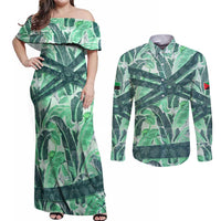Martinique Pride Couples Matching Off Shoulder Maxi Dress and Long Sleeve Button Shirt with Green Banana Leaf Print and Flag Patch Accents