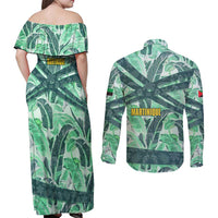Martinique Pride Couples Matching Off Shoulder Maxi Dress and Long Sleeve Button Shirt with Green Banana Leaf Print and Flag Patch Accents