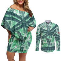 Martinique Pride Couples Matching Off Shoulder Short Dress and Long Sleeve Button Shirt with Green Banana Leaf Print and Flag Patch Accents