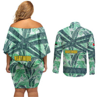 Martinique Pride Couples Matching Off Shoulder Short Dress and Long Sleeve Button Shirt with Green Banana Leaf Print and Flag Patch Accents